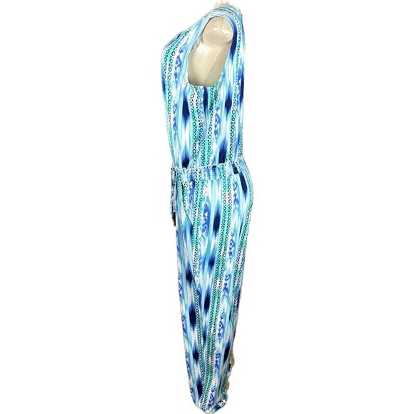 Kate & Mallory L Blue-Teal Print Shirred Waist Slit Back Sleeveless Jumpsuit - Picture 5 of 6